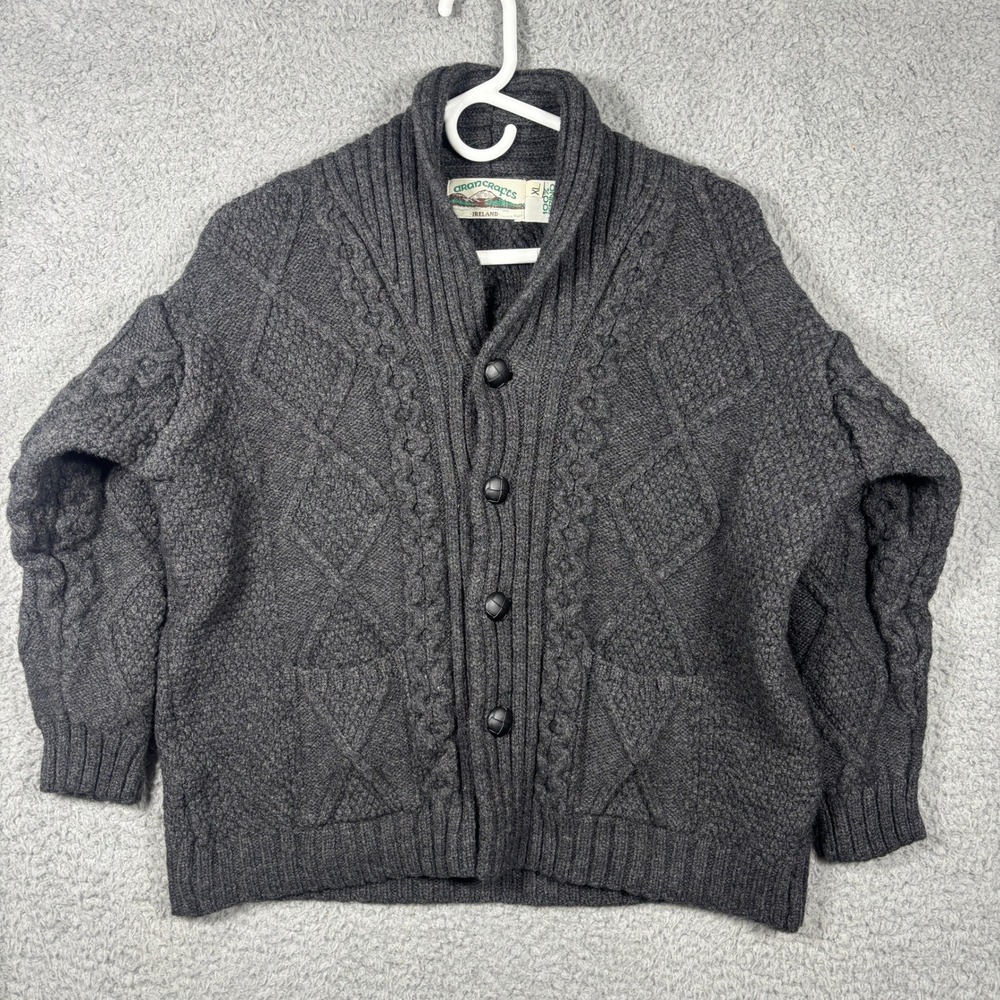 Aran Crafts Cardigan Mens XL Grey Merino Wool Shawl Collar Cable Knit Ireland